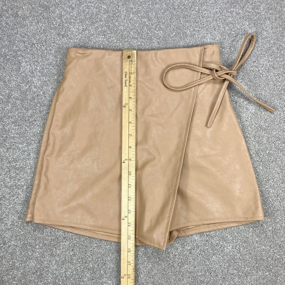Zara Faux Leather Wrap Skort Womens XS Beige Side Tie Fleece Lined Mini Skirt